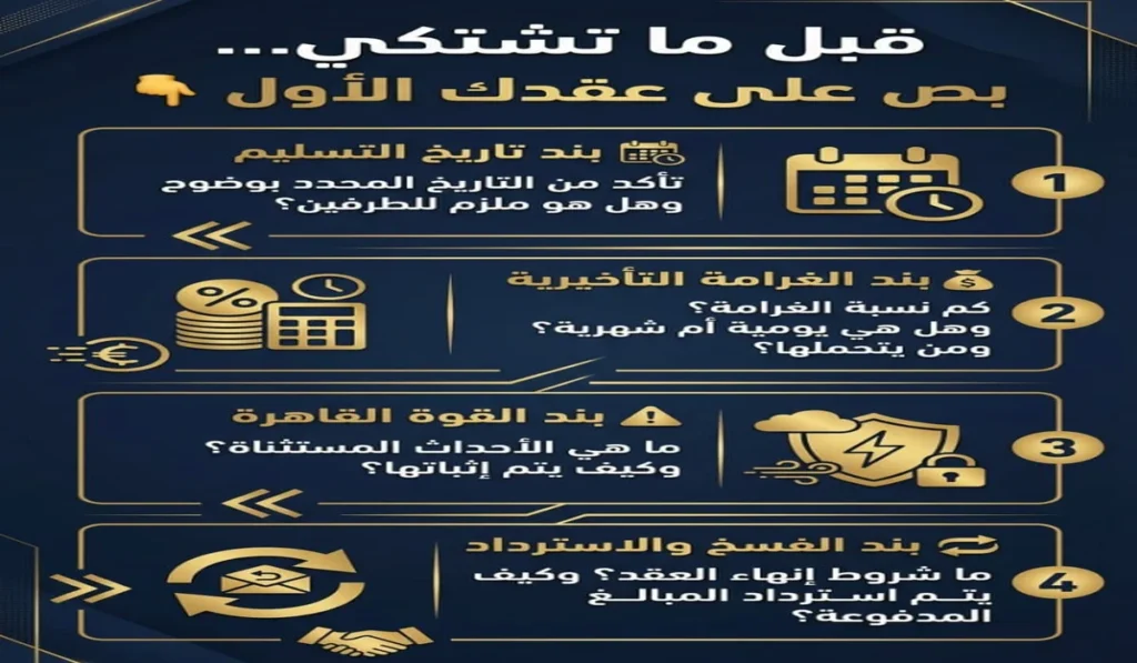 لو المطور اتأخر في التسليم: تعمل إيه قانونيًا بطريقة صحيحة؟ 2 قبل ما تتحرك قانونيًا… راجع عقدك كويس